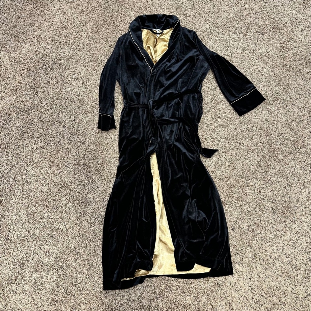 Soma Velvet Robe Women L/XL Black Gold Satin Lined Glam Loungewear Luxury